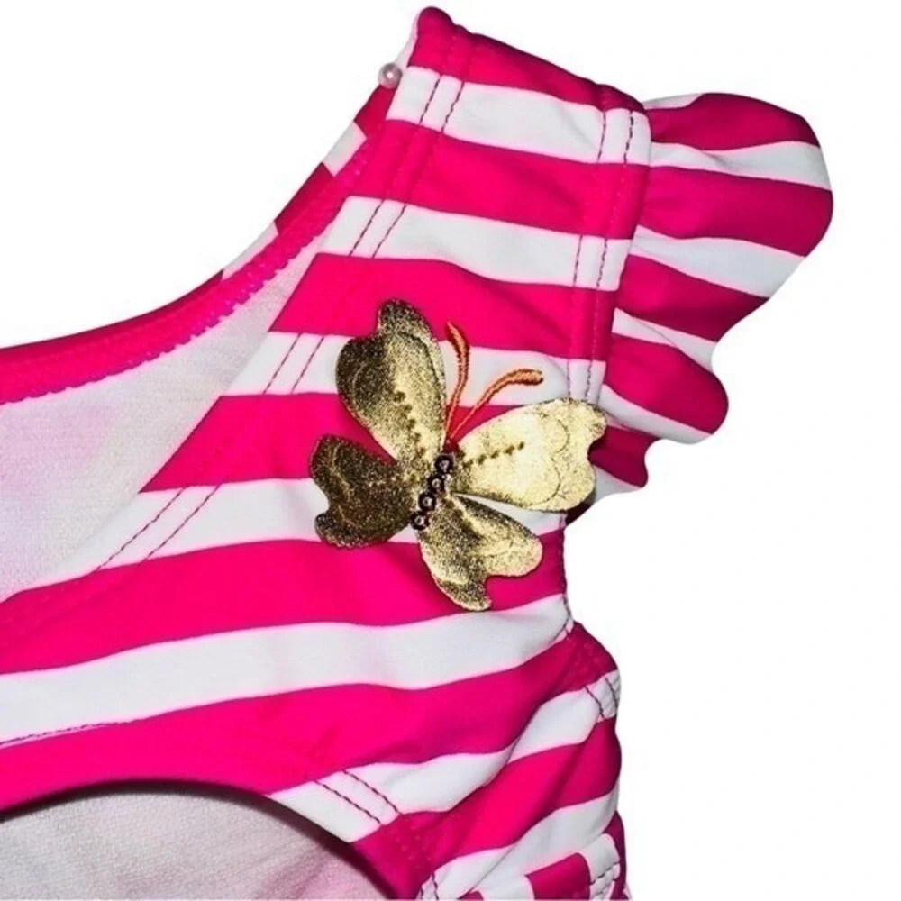 Flapdoodles 3T Girls 2 Piece Swimsuit Pink Gold Sequin Butterfly‎ NWT